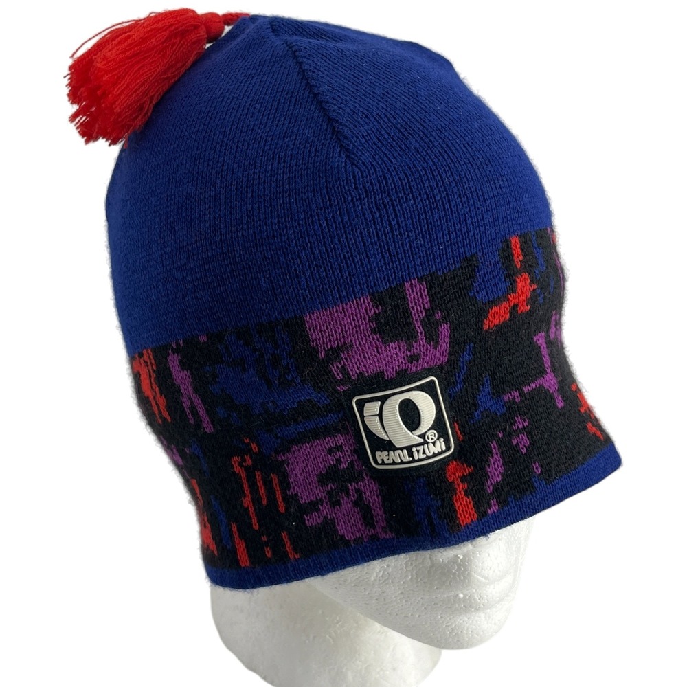 Pearl Izumi Vintage Cycling Beanie Blue Wool Blend Tassel Hat Abstract OSFM